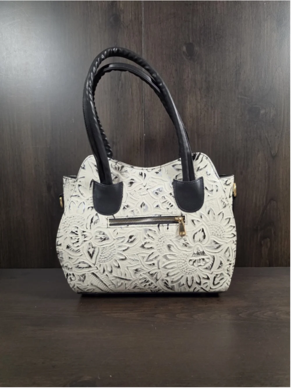 Black White Silver Embossed Tooled Artisan LEATHER Shoulder Bag Purse Crossbody